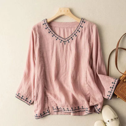 Lightweight breezy women's embroidered blouse in teal, a chic top for comfortable spring and summer wear.