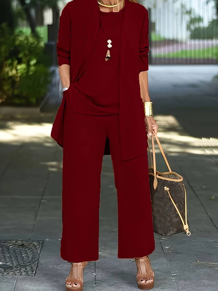 Women's breezy wide-leg trouser 3-piece set with a matching cardigan, perfect for comfortable casual wear.