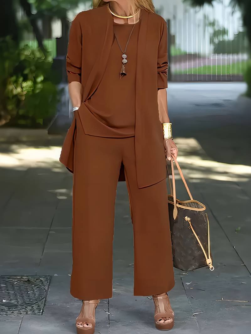Breezy women's wide-leg trouser 3-piece set with a cardigan, offering chic and comfortable style.
