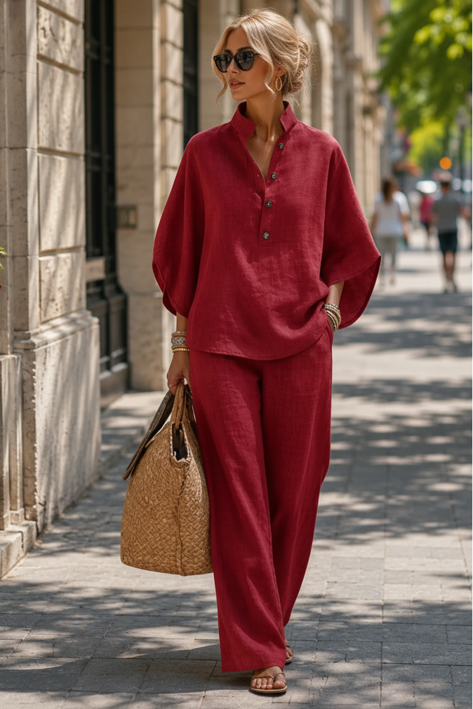 Fashionable women's two-piece set featuring breezy wide-leg pants. Effortless summer style & comfort.
