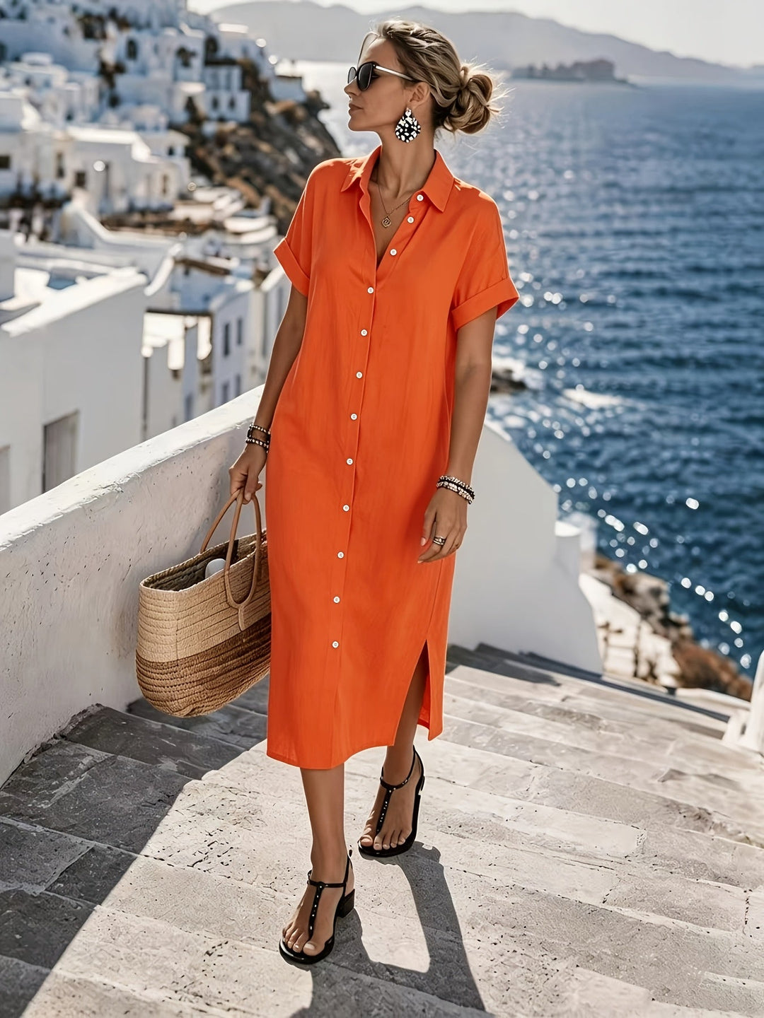 Women's button-front short sleeve midi shirt dress, perfect for summer casual wear.