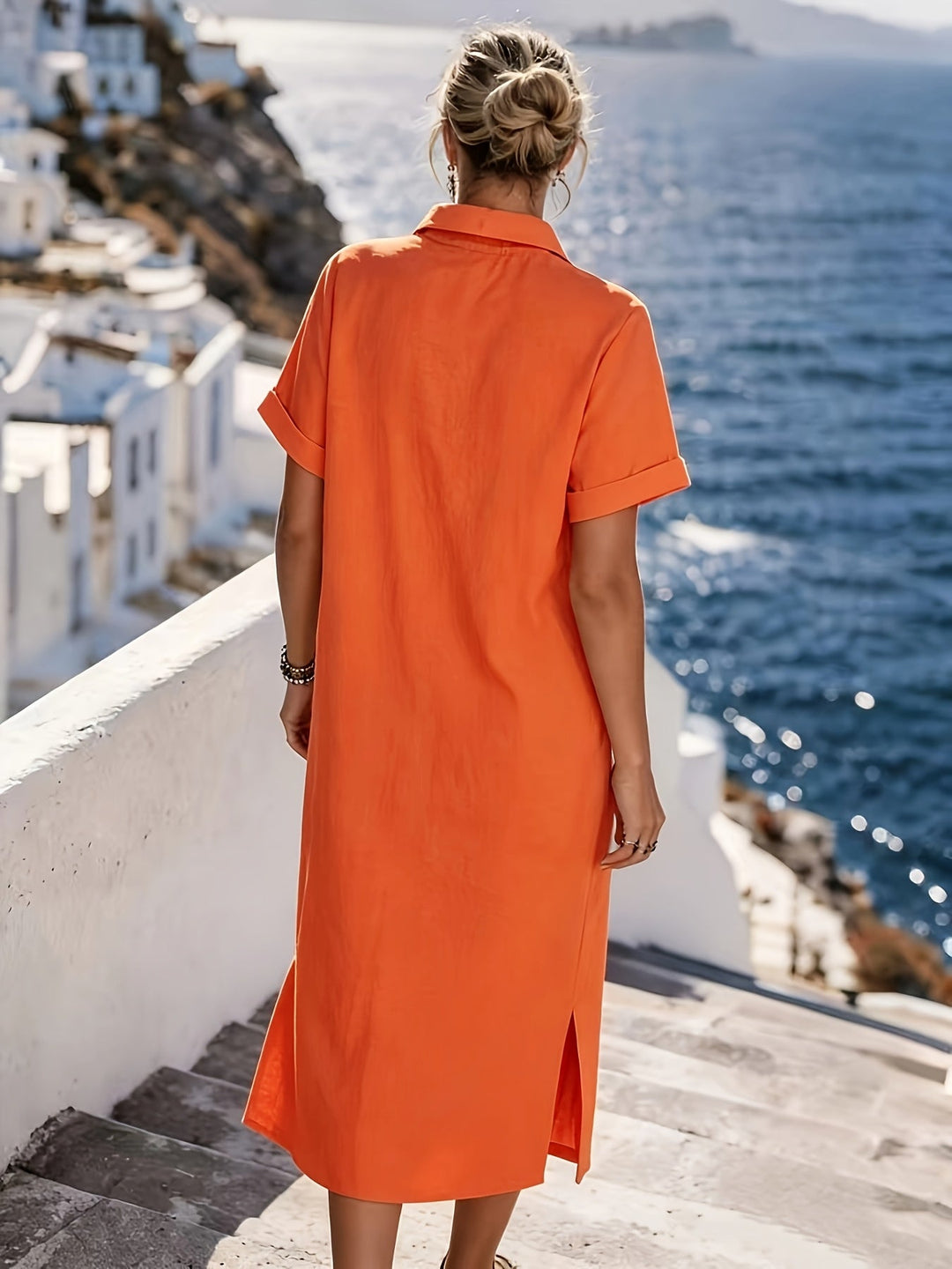Everyday women's short sleeve midi shirt dress, button-front design for comfortable style.