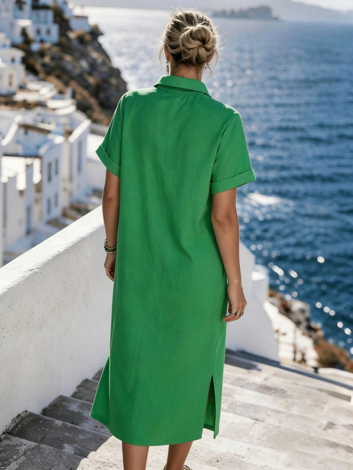 Soft women's short sleeve button-front shirt dress, a midi length ideal for resort casual.
