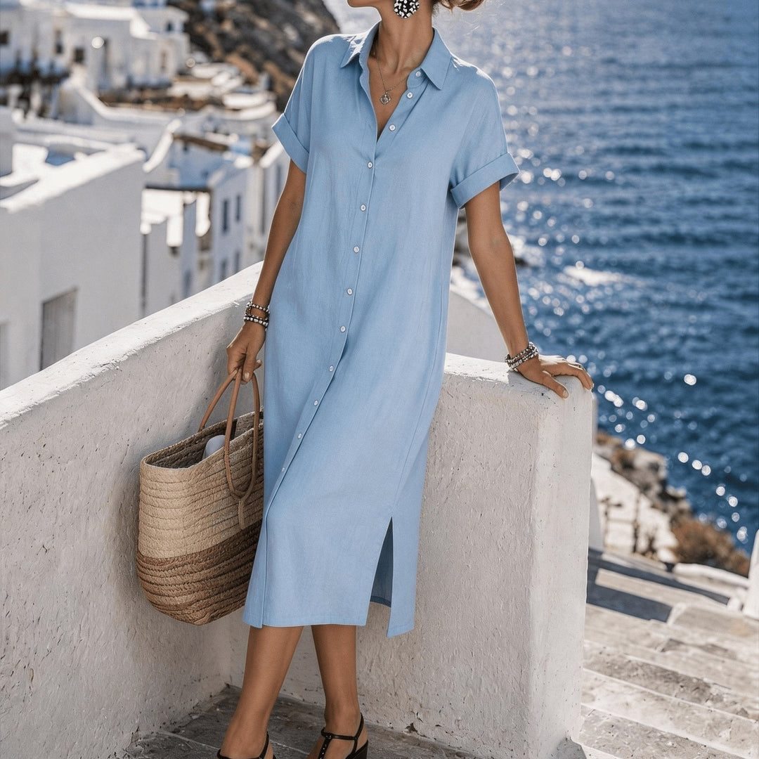 Easy-wear women's short sleeve button-front midi shirt dress, perfect for travel & spring.