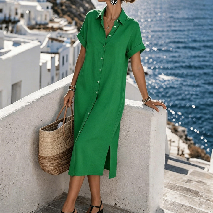 Women's casual short sleeve button-front midi shirt dress, great as a summer vacation dress.