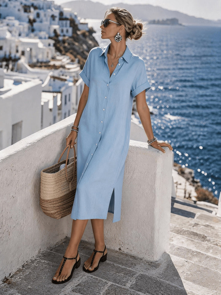 Versatile women's button-front midi shirt dress with short sleeves, great for everyday style.