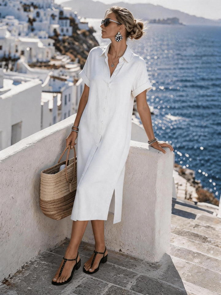 Comfortable short sleeve button-front women's midi shirt dress, a summer wardrobe essential.