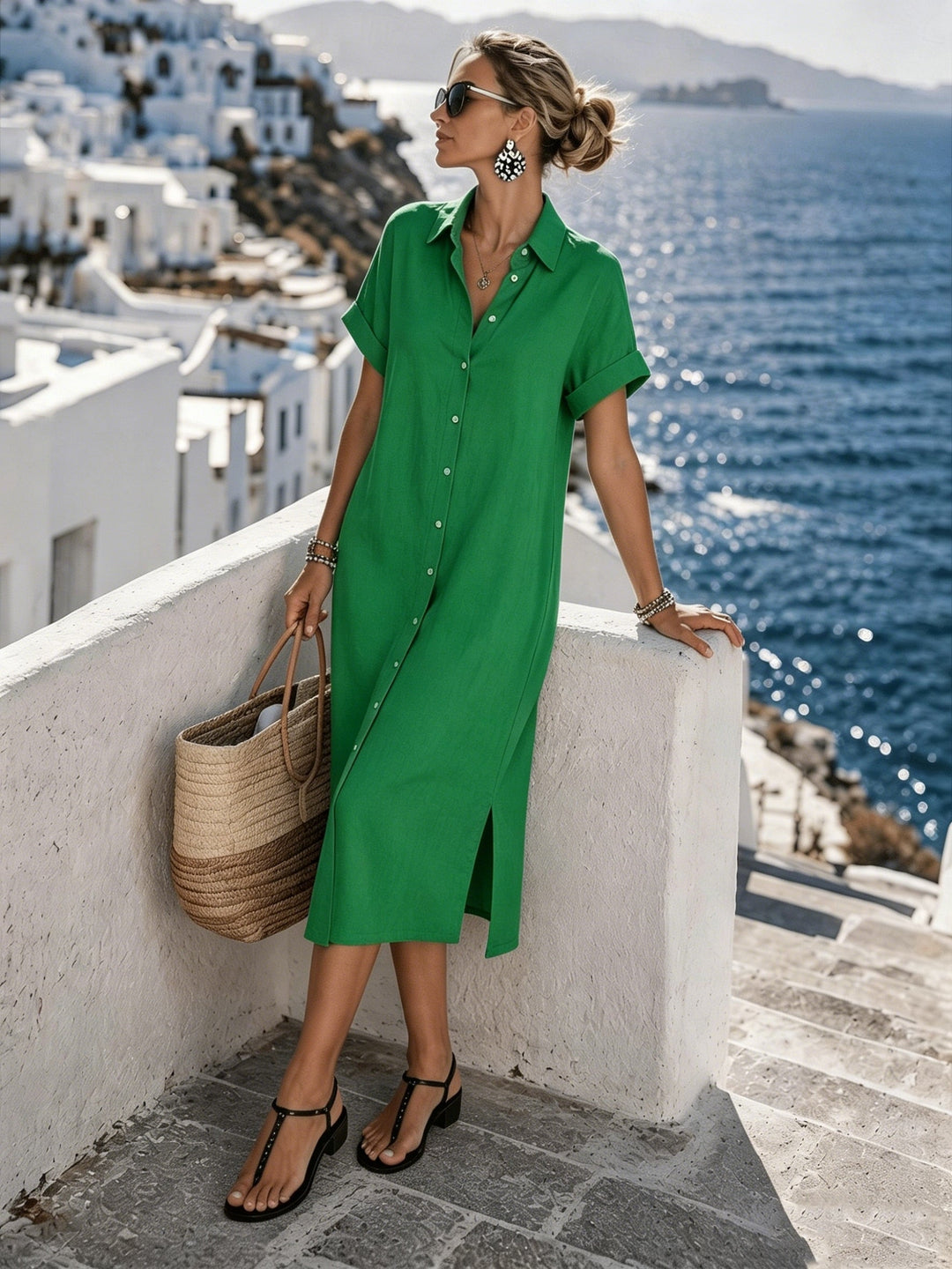 Lightweight women's short sleeve midi shirt dress with button-front, perfect for spring casual.