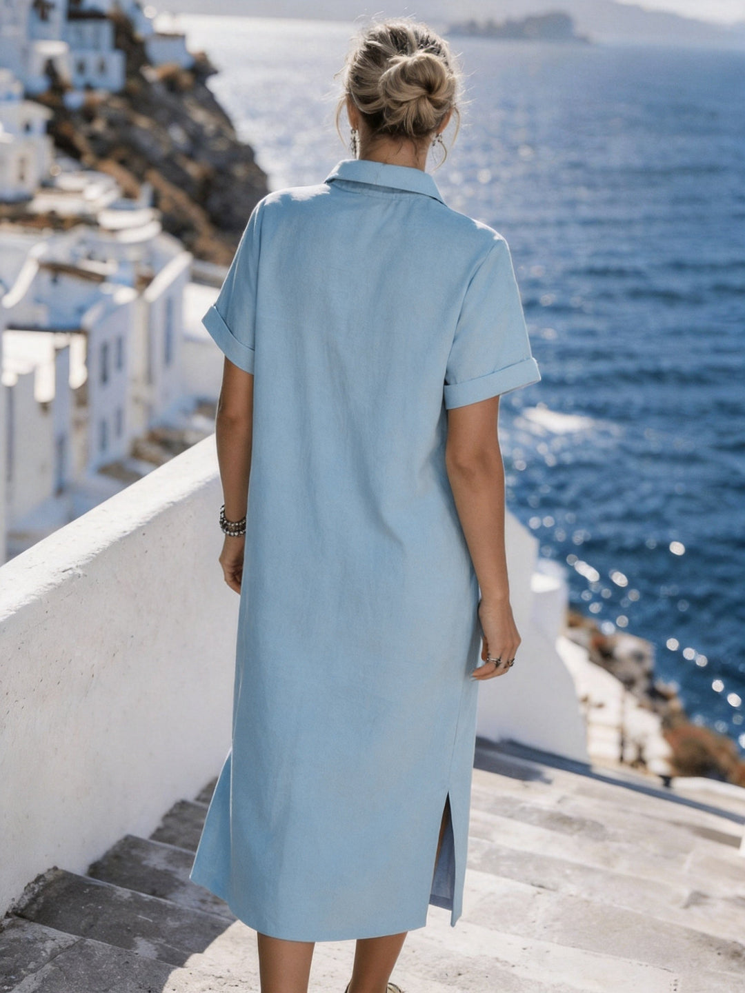 Chic women's short sleeve button-front midi dress, a versatile piece for any sunny day.