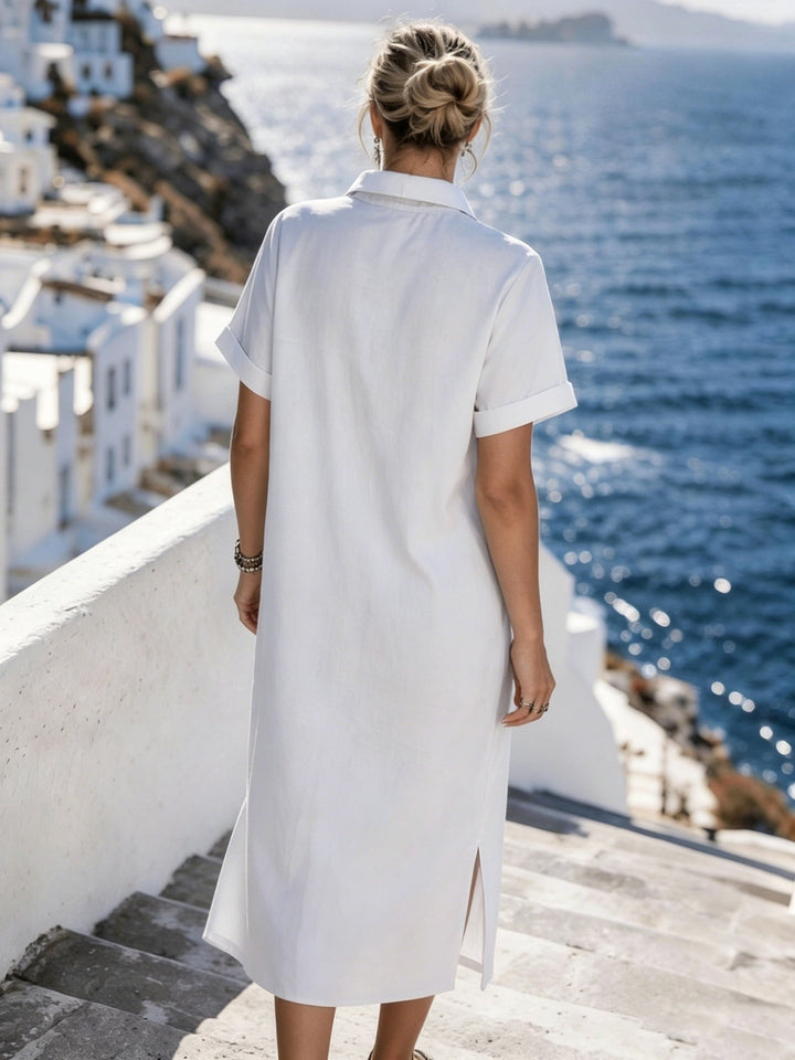 Button-front women's short sleeve midi shirt dress, an effortless choice for beach vacations.