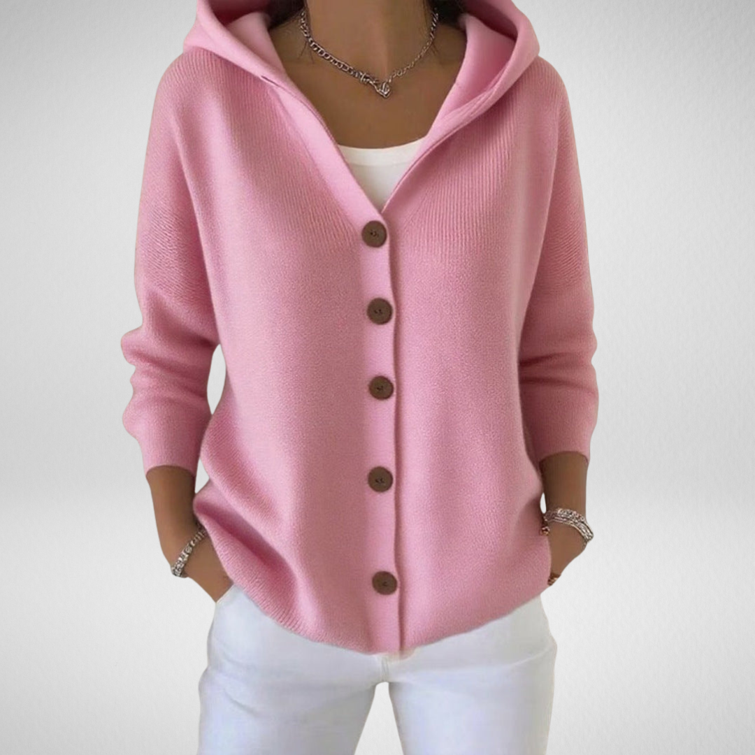 Women's button-up hooded cardigan sweater for cozy fall comfort and casual wear.