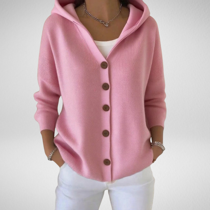Women's button-up hooded cardigan sweater for cozy fall comfort and casual wear.