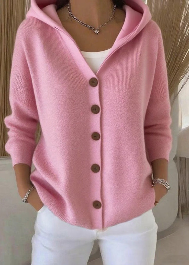 Relaxed fit women's hooded cardigan, perfect for spring layering or winter outfits.