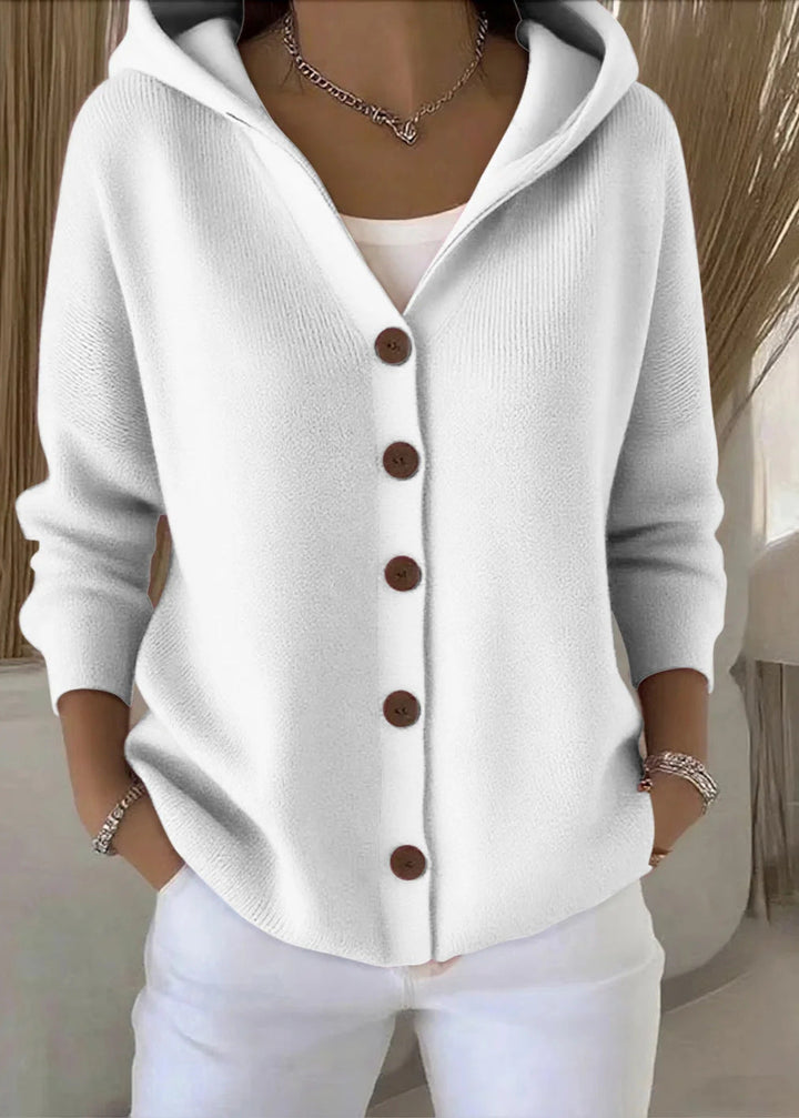 Solid color women's long-sleeve button-up sweater, ideal for everyday cozy comfort.