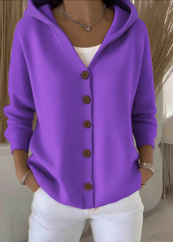 Cozy women's hooded button-up sweater with relaxed fit, great for fall and winter.