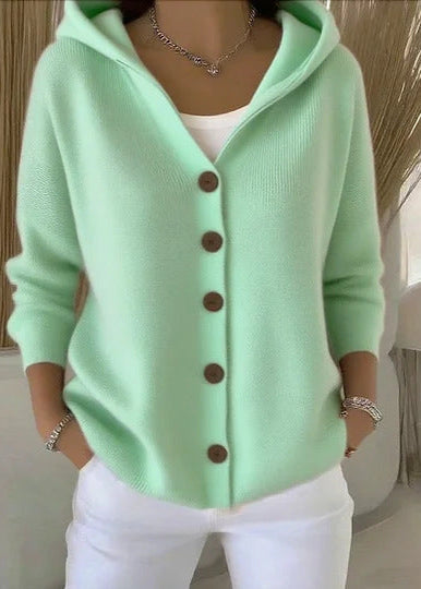 Women's button-up hooded cardigan sweater, long-sleeve for comfortable casual wear.