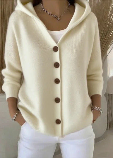 Stylish women's button-up hooded cardigan sweater, offering cozy comfort and relaxed fit.