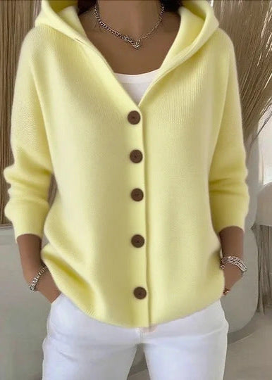 Trendy women's hooded cardigan, button-up design for fall fashion and spring layering.