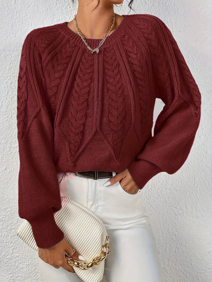 Women's comfortable cable knit sweater, relaxed fit, fashion-forward lantern sleeves, cozy top.