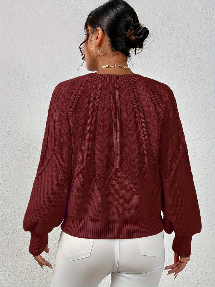Everyday women's cable knit pullover, relaxed fit, charming lantern sleeves, a fall wardrobe staple.