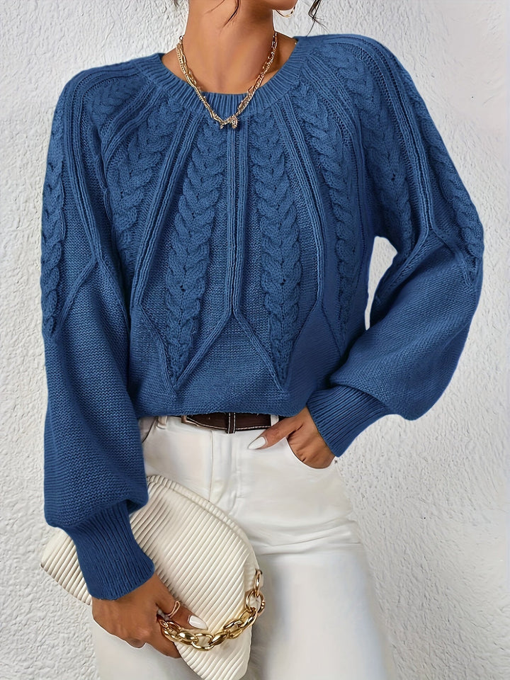 Women's cable knit sweater, relaxed silhouette, on-trend lantern sleeves, casual and comfortable.