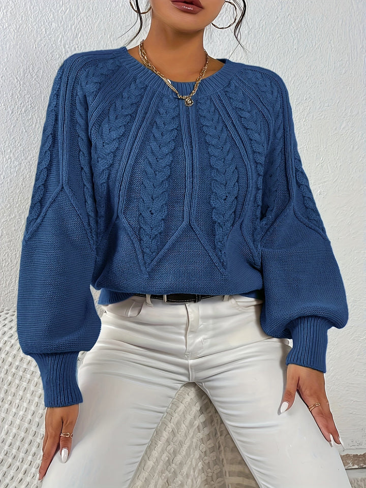 Comfortable and chic women's cable knit sweater, relaxed fit, distinctive lantern sleeves.