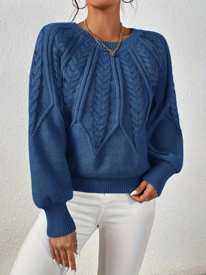 Women's relaxed fit cable knit top, soft texture, and fashionable lantern sleeves, everyday elegance.