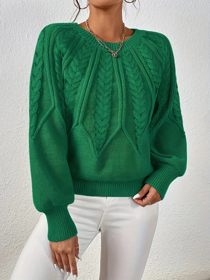 Cozy fall women's cable knit sweater, relaxed fit, eye-catching lantern sleeves, comfortable pullover.