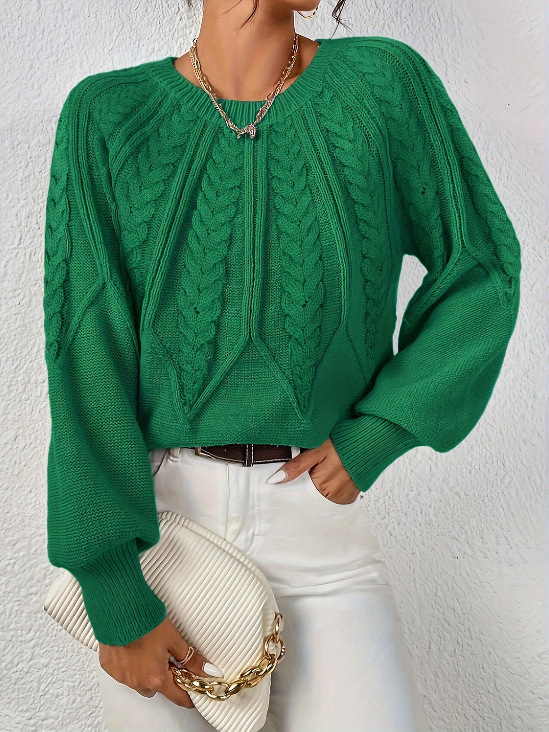 Women's comfortable cable knit pullover, relaxed fit, chic lantern sleeves, perfect for casual days.