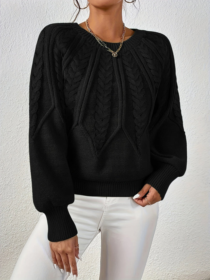 Women's sophisticated cable knit sweater, relaxed fit, voluminous lantern sleeves, refined comfort.