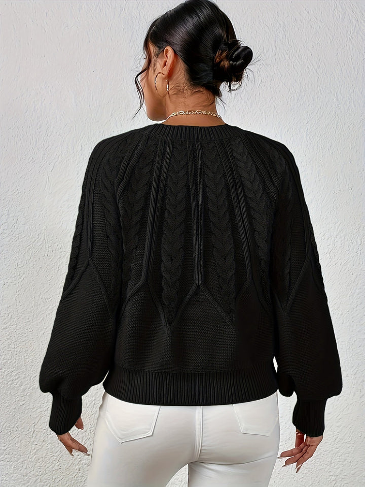 Everyday essential women's cable knit sweater, relaxed fit, charming lantern sleeves, easy to wear.