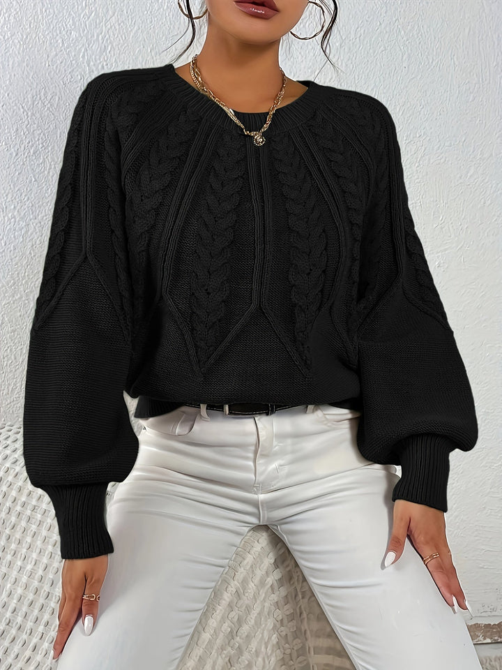 Chic and cozy women's cable knit sweater, relaxed fit, with beautiful lantern sleeves for fall.