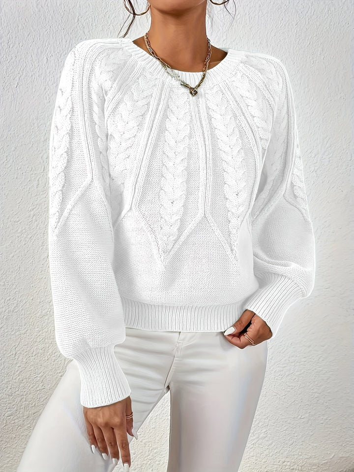 Stylish women's cable knit pullover, relaxed fit, elegant lantern sleeves, perfect for everyday style.