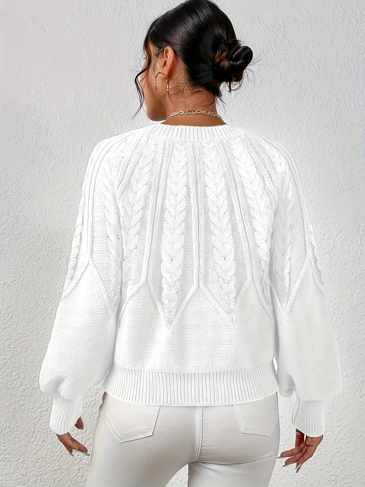 Women's comfortable cable knit sweater, relaxed fit, unique lantern sleeves, versatile for any occasion.