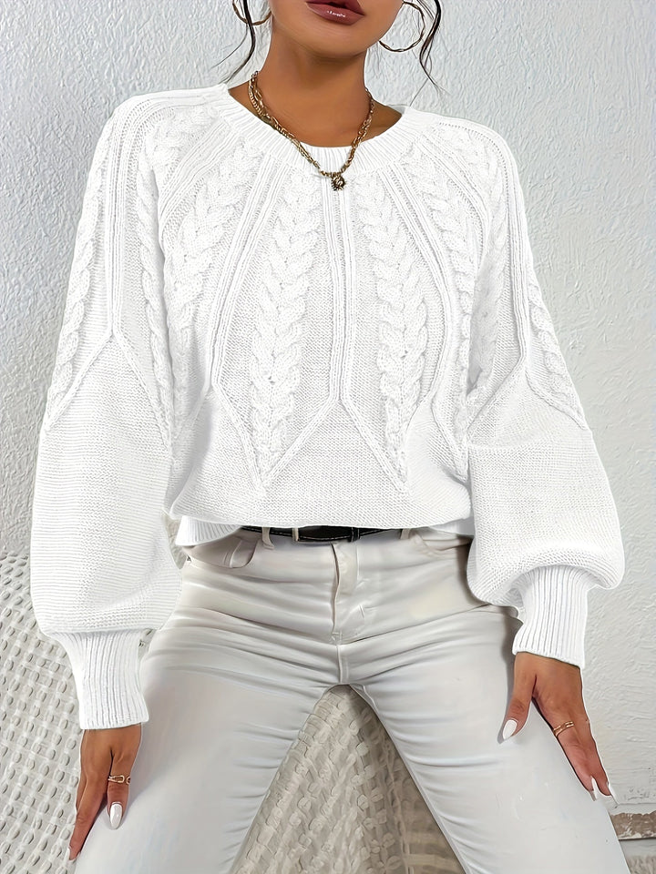Women's winter warmth cable knit sweater, relaxed fit, chic lantern sleeves, comfort and style.