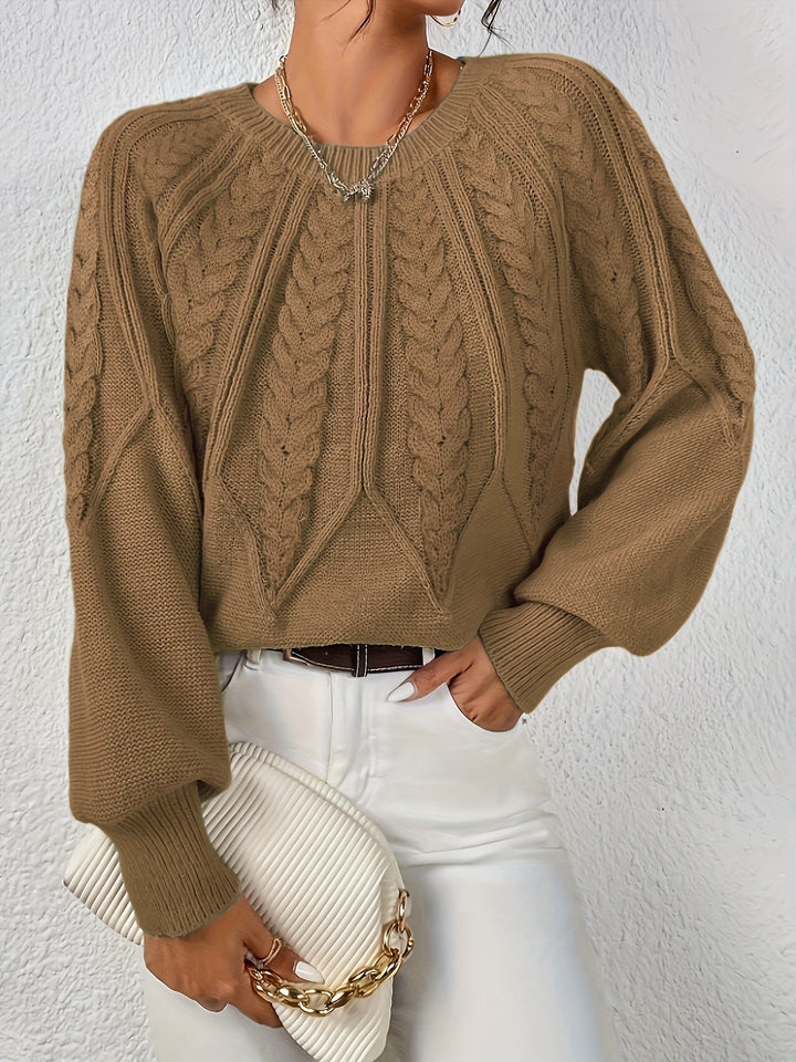 Women's cable knit pullover, relaxed fit, sophisticated lantern sleeves, ideal for a casual look.