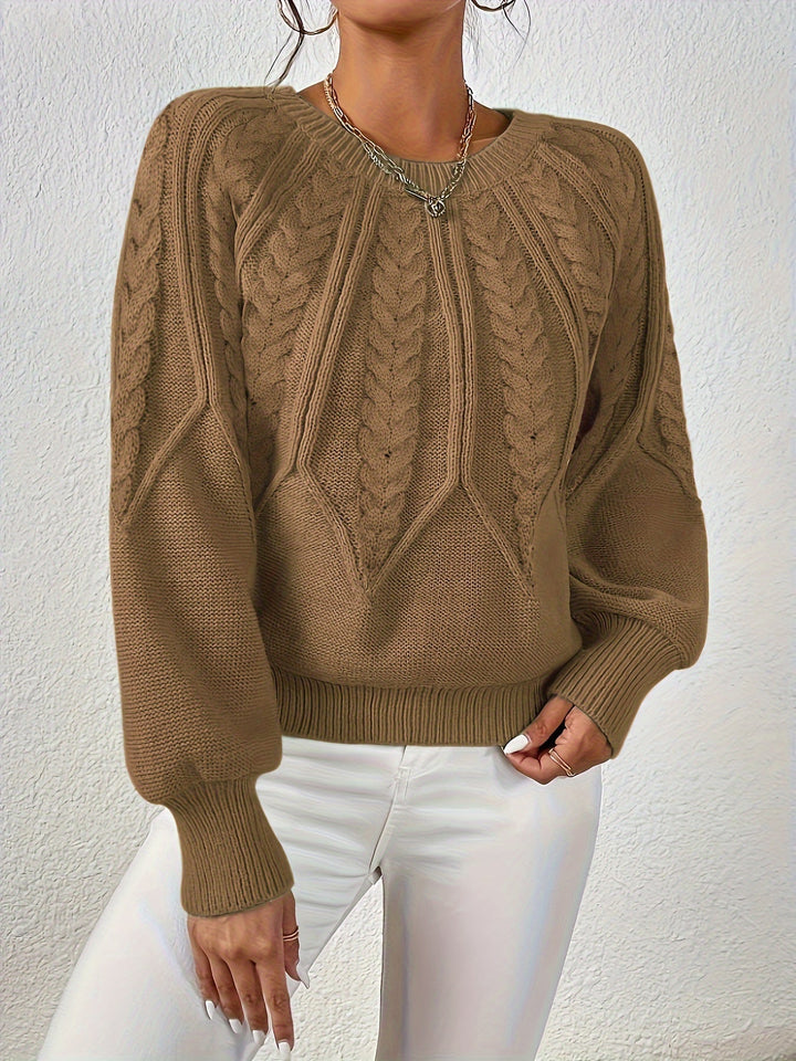 Everyday women's cable knit sweater, relaxed fit, elegant lantern sleeves, soft and comfortable.