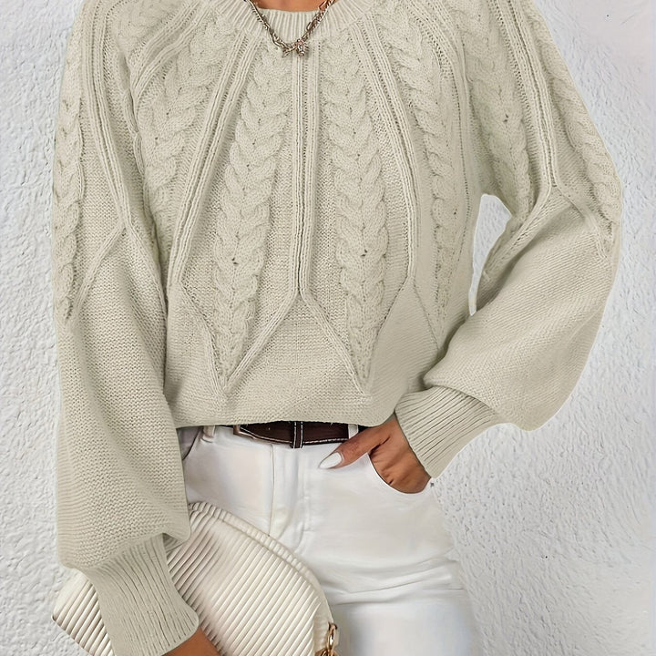 Women's comfortable cable knit pullover, relaxed fit, chic lantern sleeves, a versatile fashion piece.