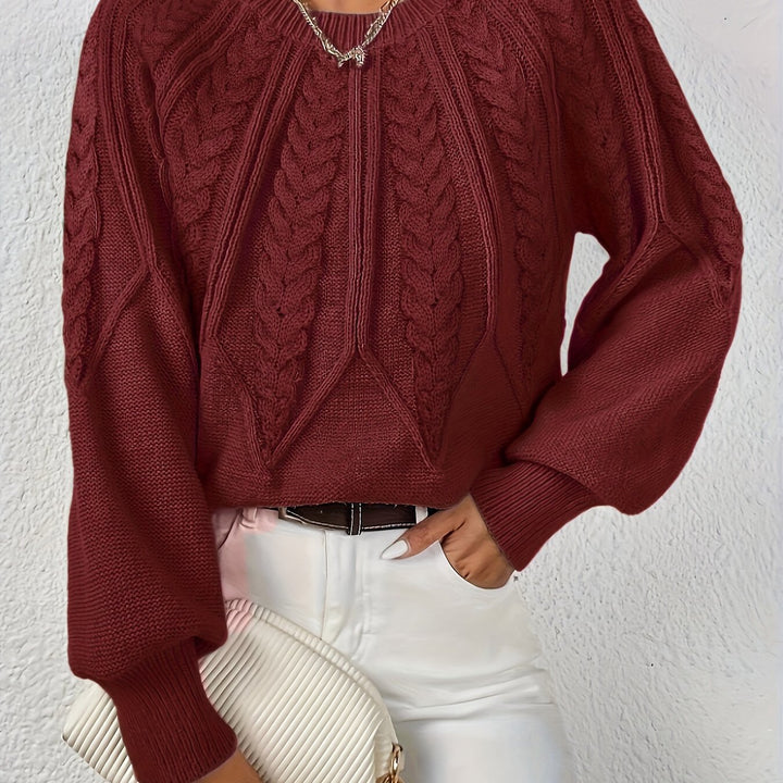 Fall's favorite women's cable knit sweater, relaxed fit, elegant lantern sleeves, warm and stylish.