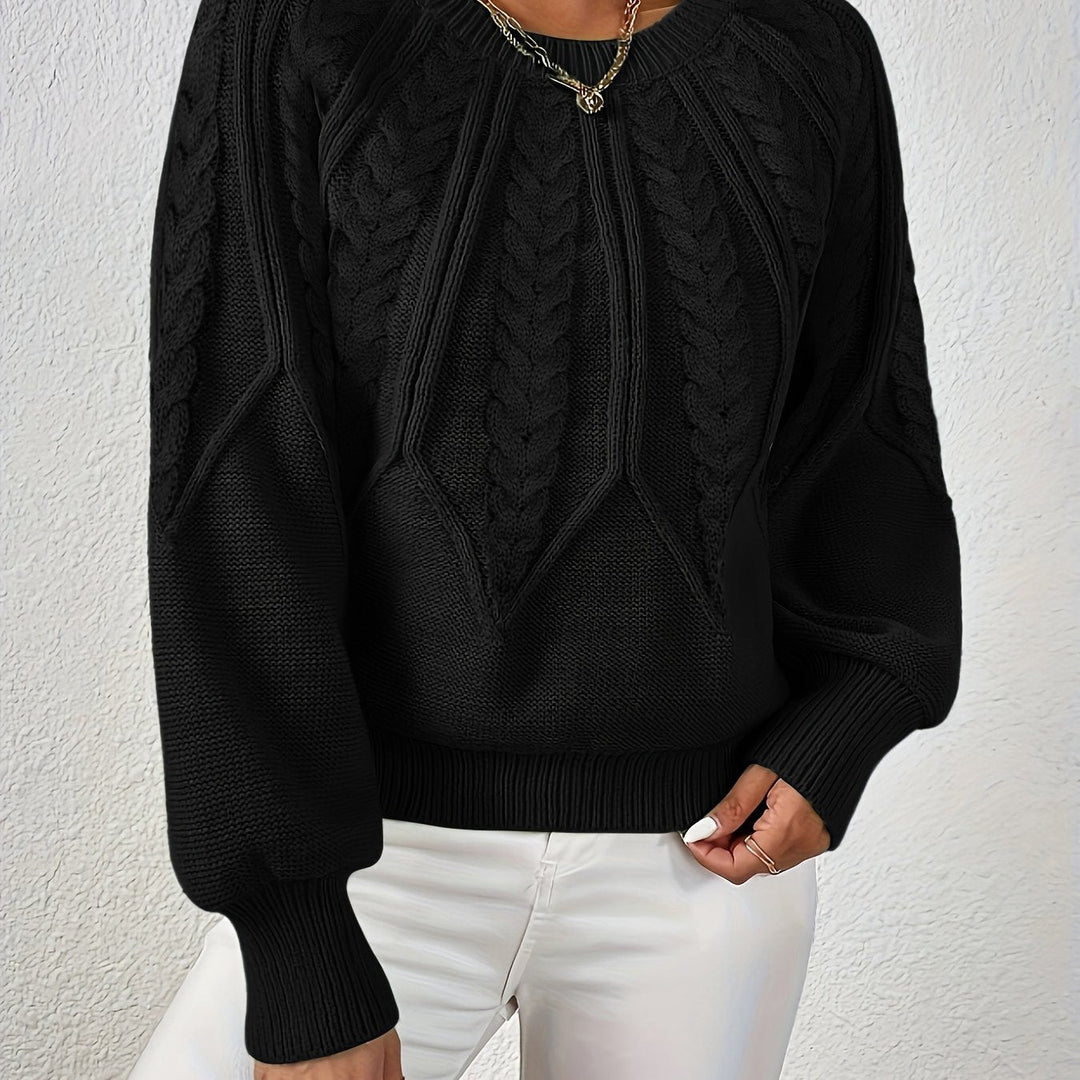 Women's versatile cable knit sweater, relaxed fit, elegant lantern sleeves, perfect for layering.