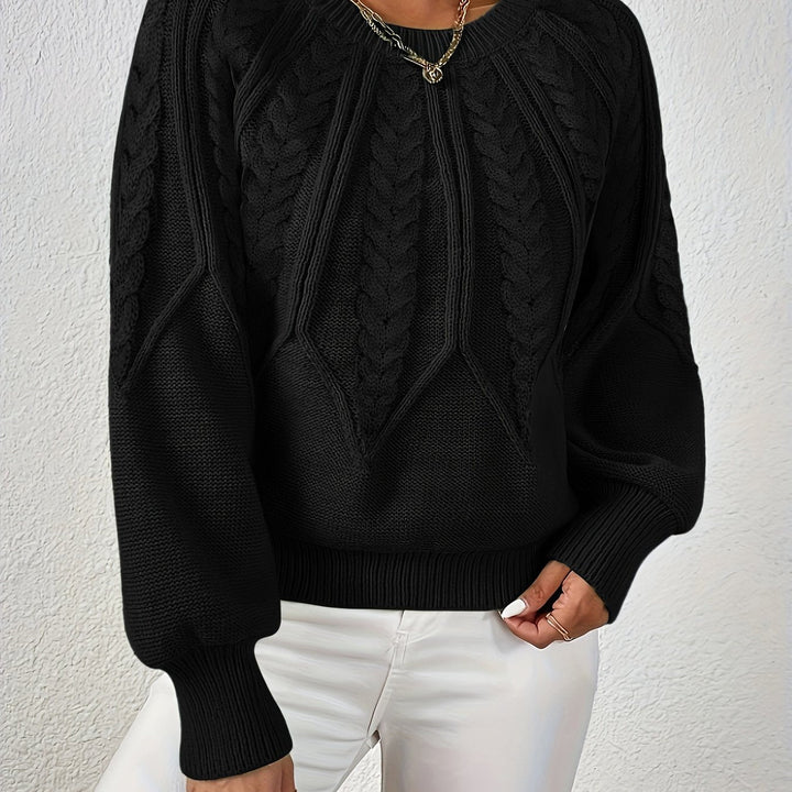 Women's versatile cable knit sweater, relaxed fit, elegant lantern sleeves, perfect for layering.