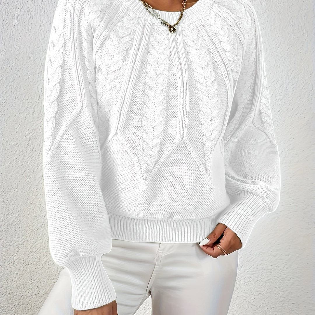 Cozy women's cable knit pullover, relaxed fit, charming lantern sleeves, great for weekend wear.