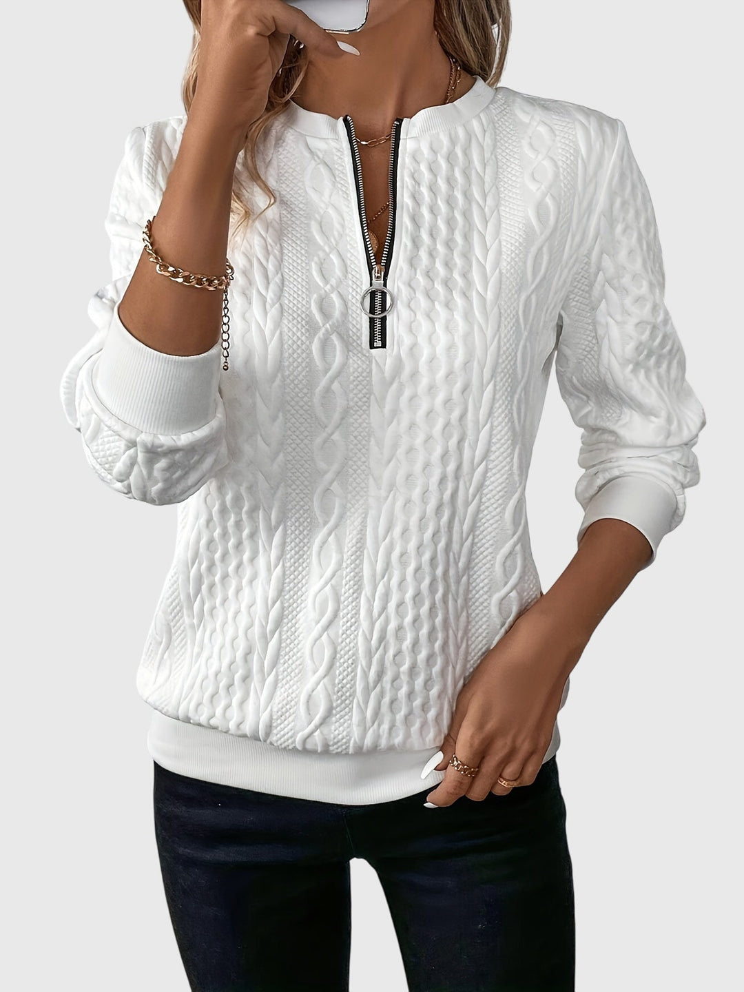 Women's cable pattern quarter-zip sweater, cozy & stylish fall fashion.