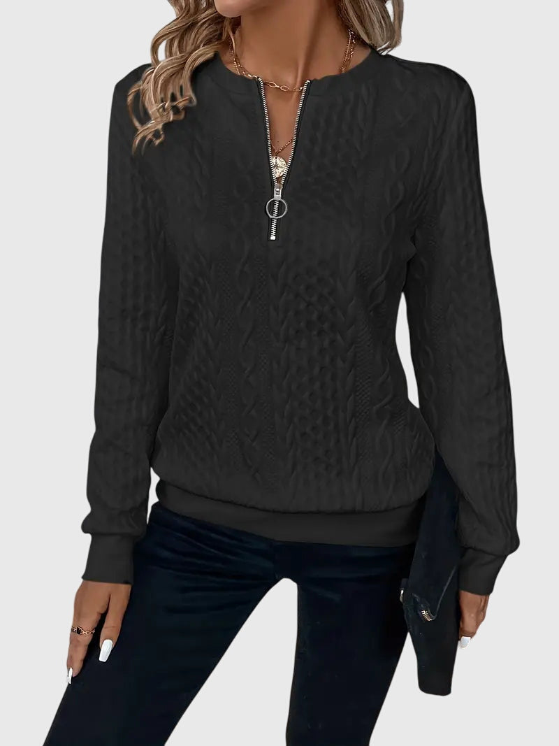 Soft knit women's cable quarter-zip sweater, comfy & elegant.