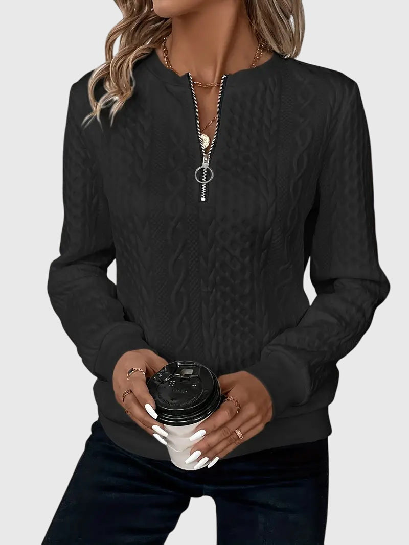 Everyday women's cable knit quarter-zip sweater, stylish and warm.