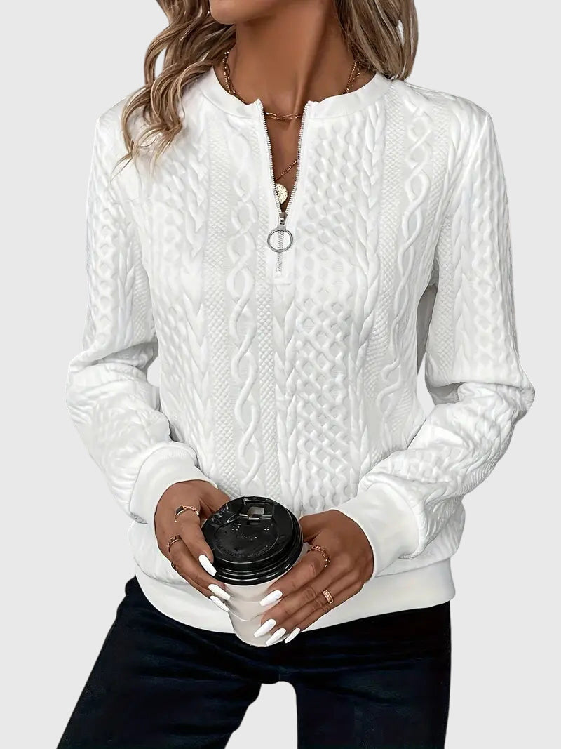 Classic women's cable pattern quarter-zip sweater, versatile pullover.