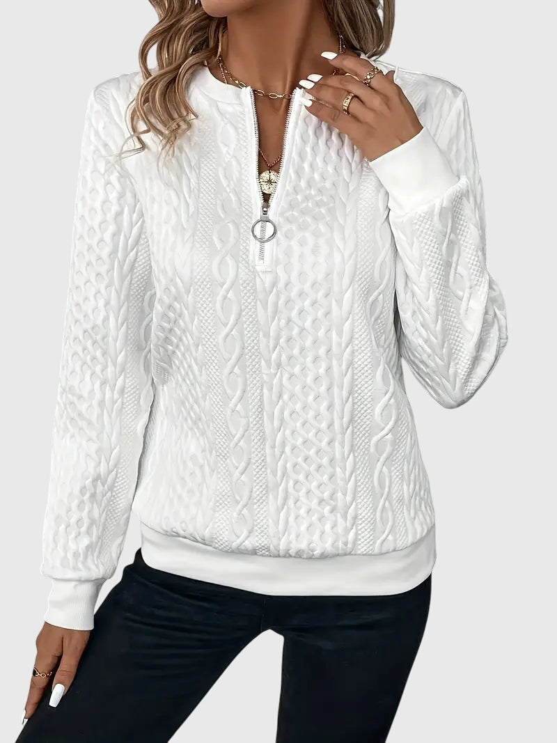 Front view: Women's textured cable knit quarter-zip sweater, long sleeve.