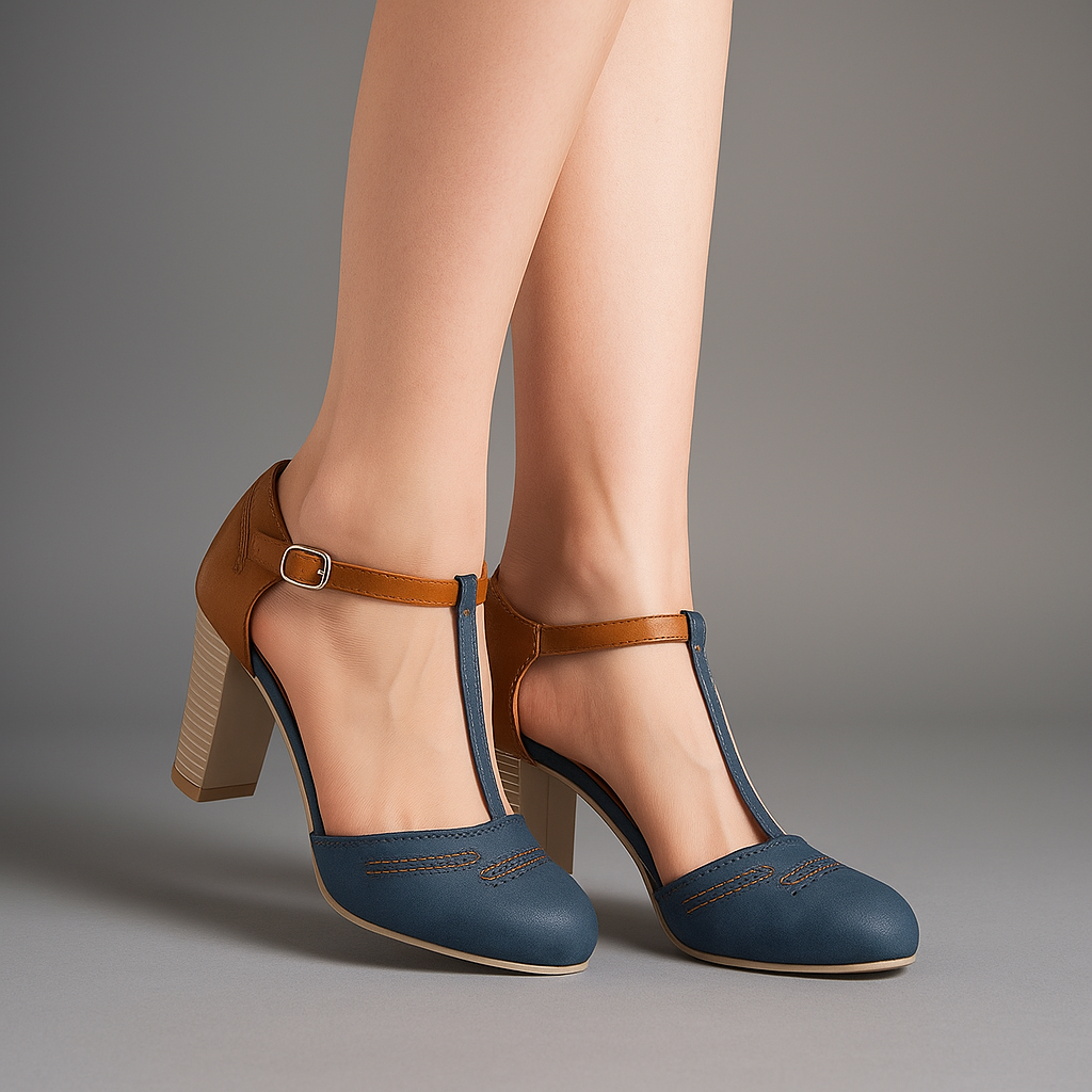 Comfortable women's two-tone block heels with strap, offering all-day style for versatile fashion.