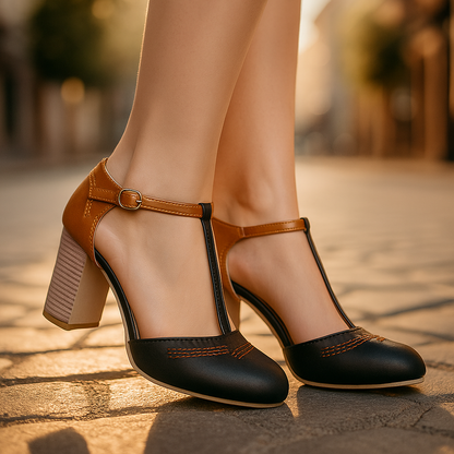 Callina women's two-tone block heels. Comfortable strap heels, perfect versatile fashion footwear.