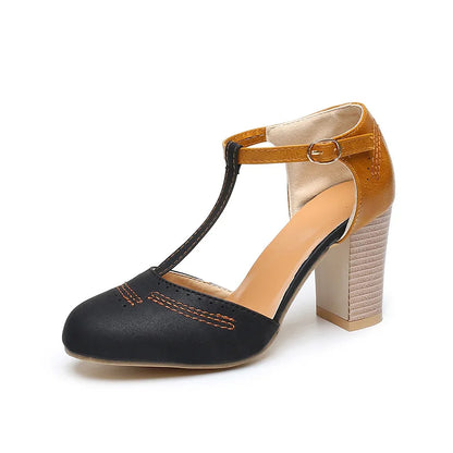 Sophisticated women's two-tone block heels. Versatile, comfortable strap heels for modern fashion.